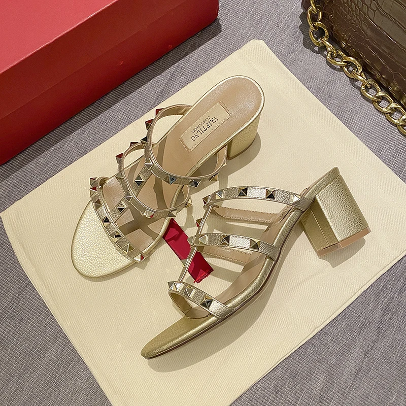 Women's sandals Gladiator summer 2025 luxury Brand Designer Heeled slipper Leather Silver Rivets High Heels Ladies shoes Women