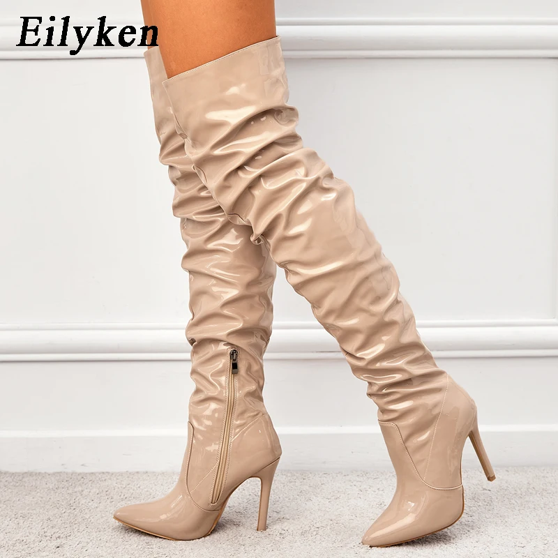 Eilyken Red Women Over The Knee Boots High Heels Patent Leather Solid Pointed Toe Stiletto Side Zipper Sapatos Femininos - Image 4