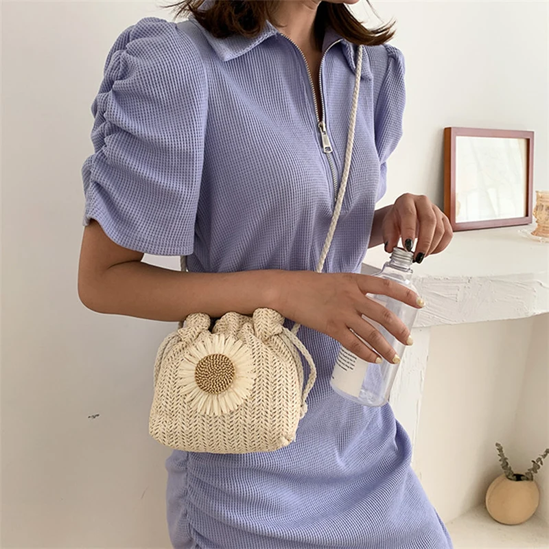 Rattan Woven Women Straw Bag Handbag Knit Flower Summer Beach Woman Shoulder Messenger Khaki Beige Bags Fashion Creative - Image 4