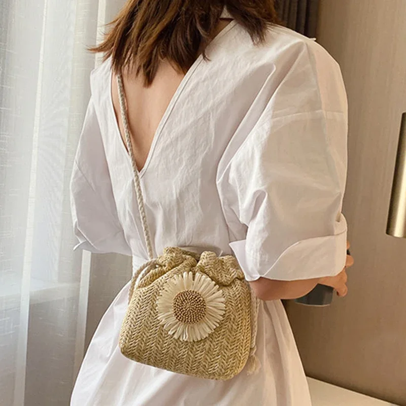 Rattan Woven Women Straw Bag Handbag Knit Flower Summer Beach Woman Shoulder Messenger Khaki Beige Bags Fashion Creative - Image 6