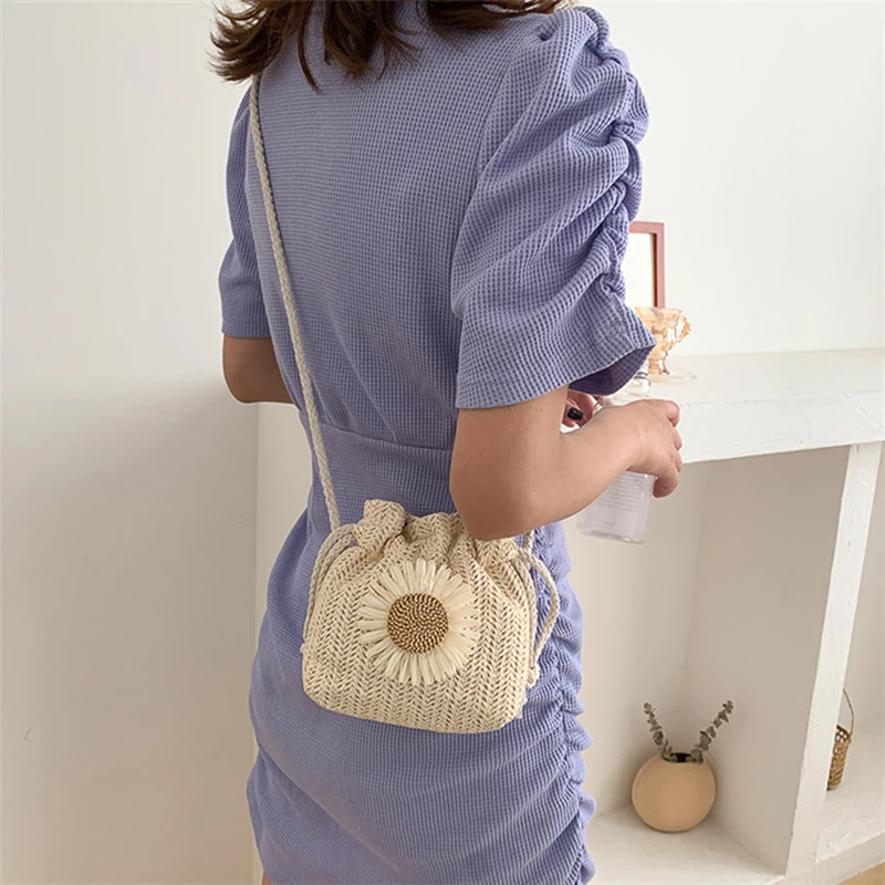 Rattan Woven Women Straw Bag Handbag Knit Flower Summer Beach Woman Shoulder Messenger Khaki Beige Bags Fashion Creative - Image 3
