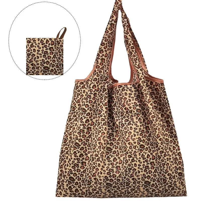 Large Capacity Leopard Print Hand Shopping Bag Women's Daily Folding Handbag - Image 5