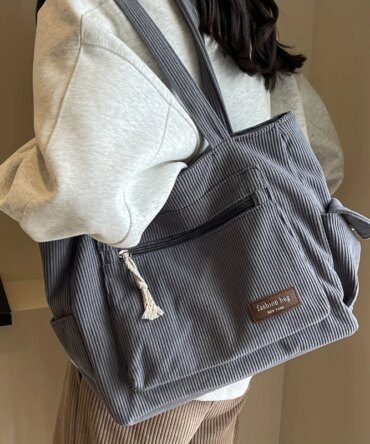 Simple Corduroy Tote Bag, Solid Color Shoulder Bag, Retro Multi Pockets Handbag For School Work Shopping