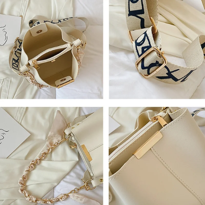 New Fashion Women's Shoulder Bag Large Capacity Ribbon Chain Bucket Bag Crossbody Bag Daily Commuting - Image 5