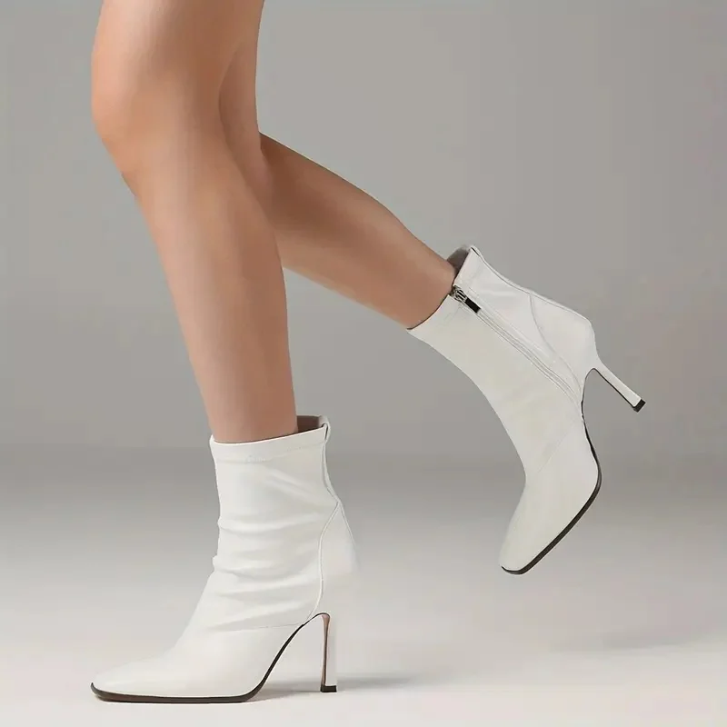 Women’s Square Toe Stiletto Ankle Boots - Black PU Cover Mid-Calf Boots with Side Zipper, Fashionable All-Match High Heel Shoes - Image 3