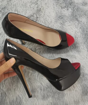 Women Pumps  Platform Peep Toe 14cm Extremely Thin High Heels Stiletto Patent Leather Fashion Party Nighclub Wedding Shoes