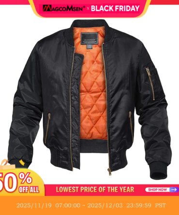 MAGCOMSEN Men's Aviator Jackets Thick Warm Orange Lining Bomber Jackets Fall Winter Casual Windproof Coats