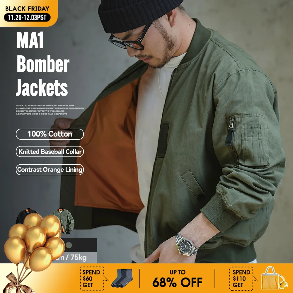 Maden Retro MA1 Bomber Flight Jackets Green Windproof Pilot Jacket Casual Motorcycle Baseball Coat for Men's Spring and Autumn