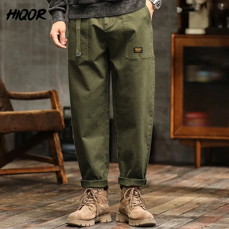 HIQOR Men's Loose Profile Pants American Vintage Trousers For Men High Waist Army Green Men's Casual Pants Cargo Trousers Male