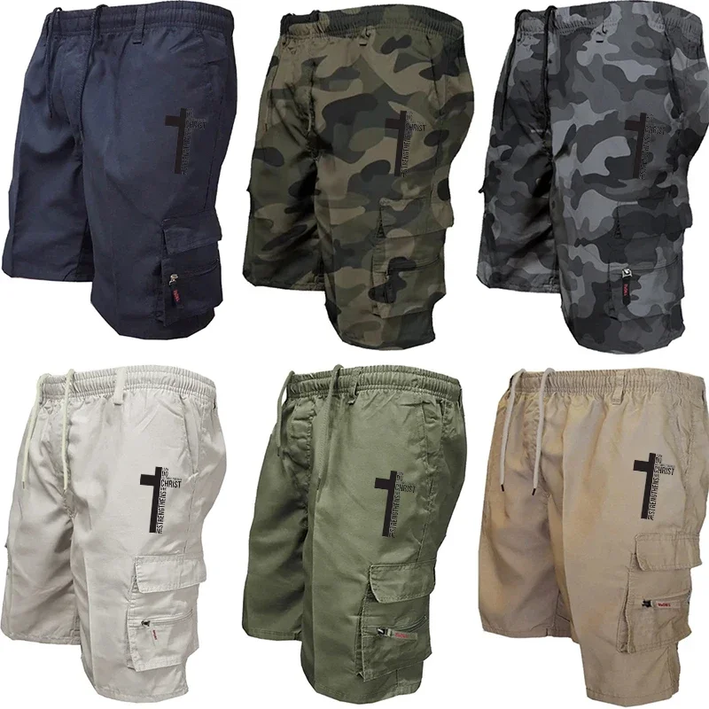 Summer Men Cargo Shorts Elastic Waist Drawstring Pockets Tactical Casual Solid Camo Army Print Short Trousers Fit Fabric