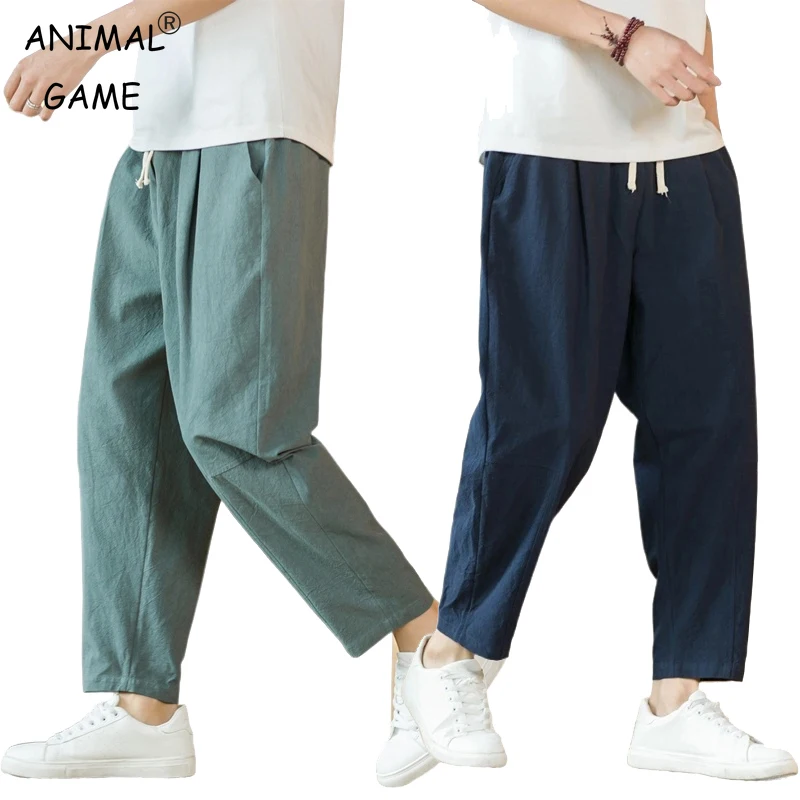 New Cotton Linen Mens Pants Casual Solid Color Breathable Streetwear Loose Straight Drawstring Baggy Lightweight Sport Pants