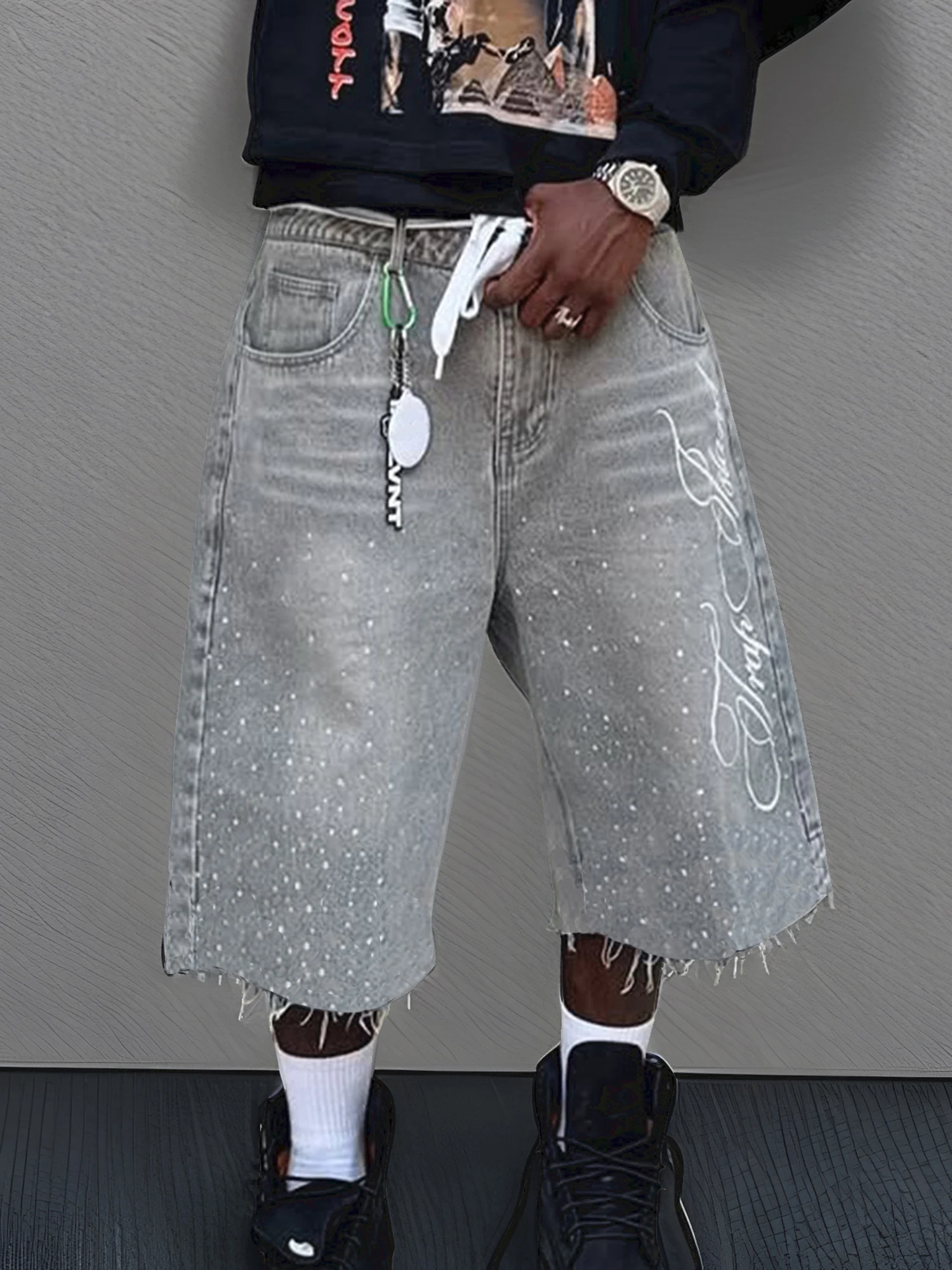 Men s Stylish Knee-Length Denim Shorts with Embroidered Logo and Rhinestone Detailing for Summer Casual Wear - Image 3