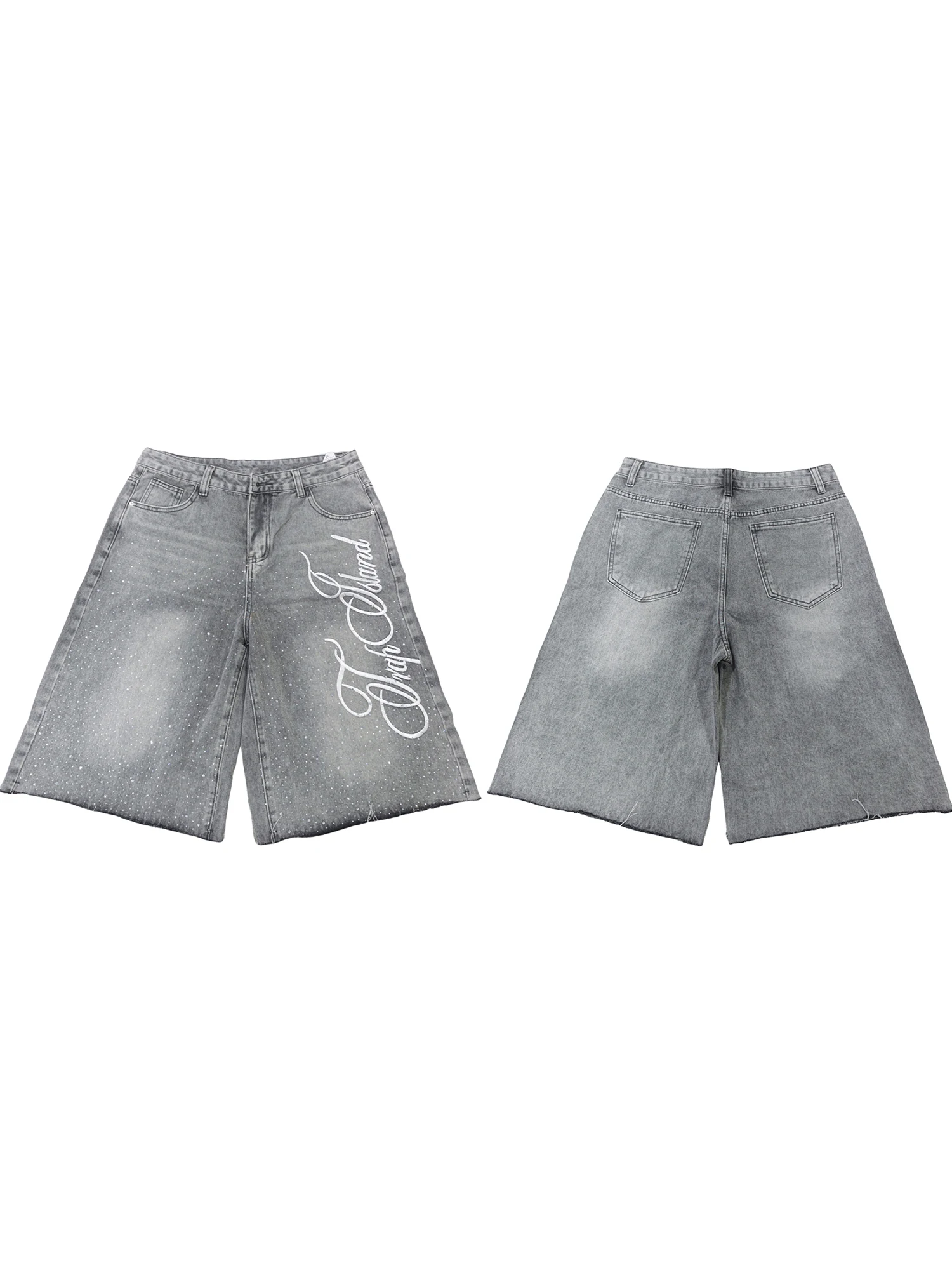 Men s Stylish Knee-Length Denim Shorts with Embroidered Logo and Rhinestone Detailing for Summer Casual Wear - Image 2