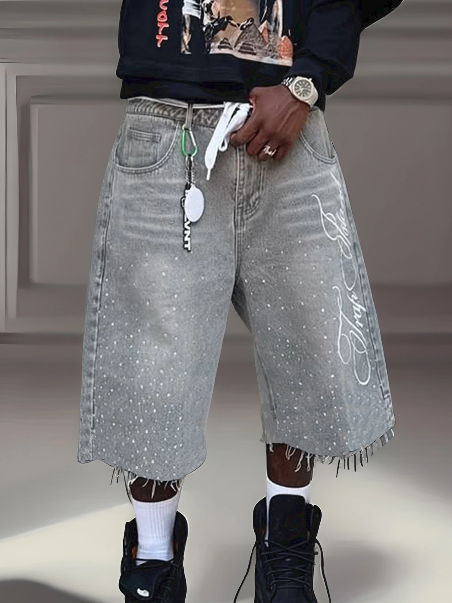 Men s Stylish Knee-Length Denim Shorts with Embroidered Logo and Rhinestone Detailing for Summer Casual Wear - Image 5