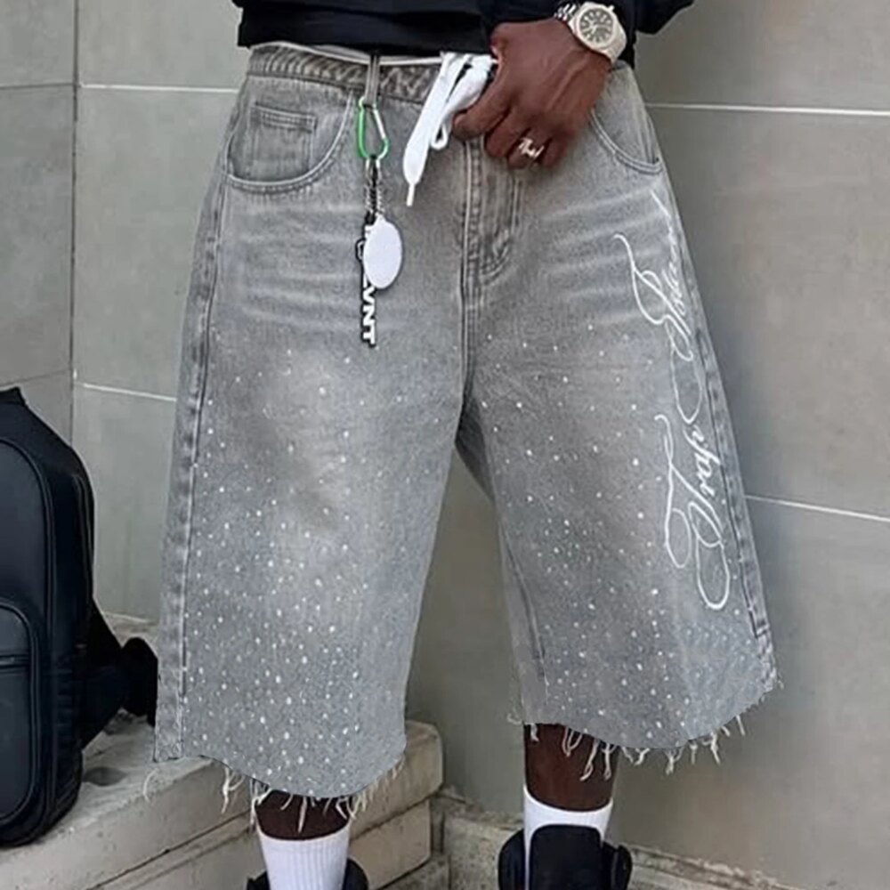 Men s Stylish Knee-Length Denim Shorts with Embroidered Logo and Rhinestone Detailing for Summer Casual Wear