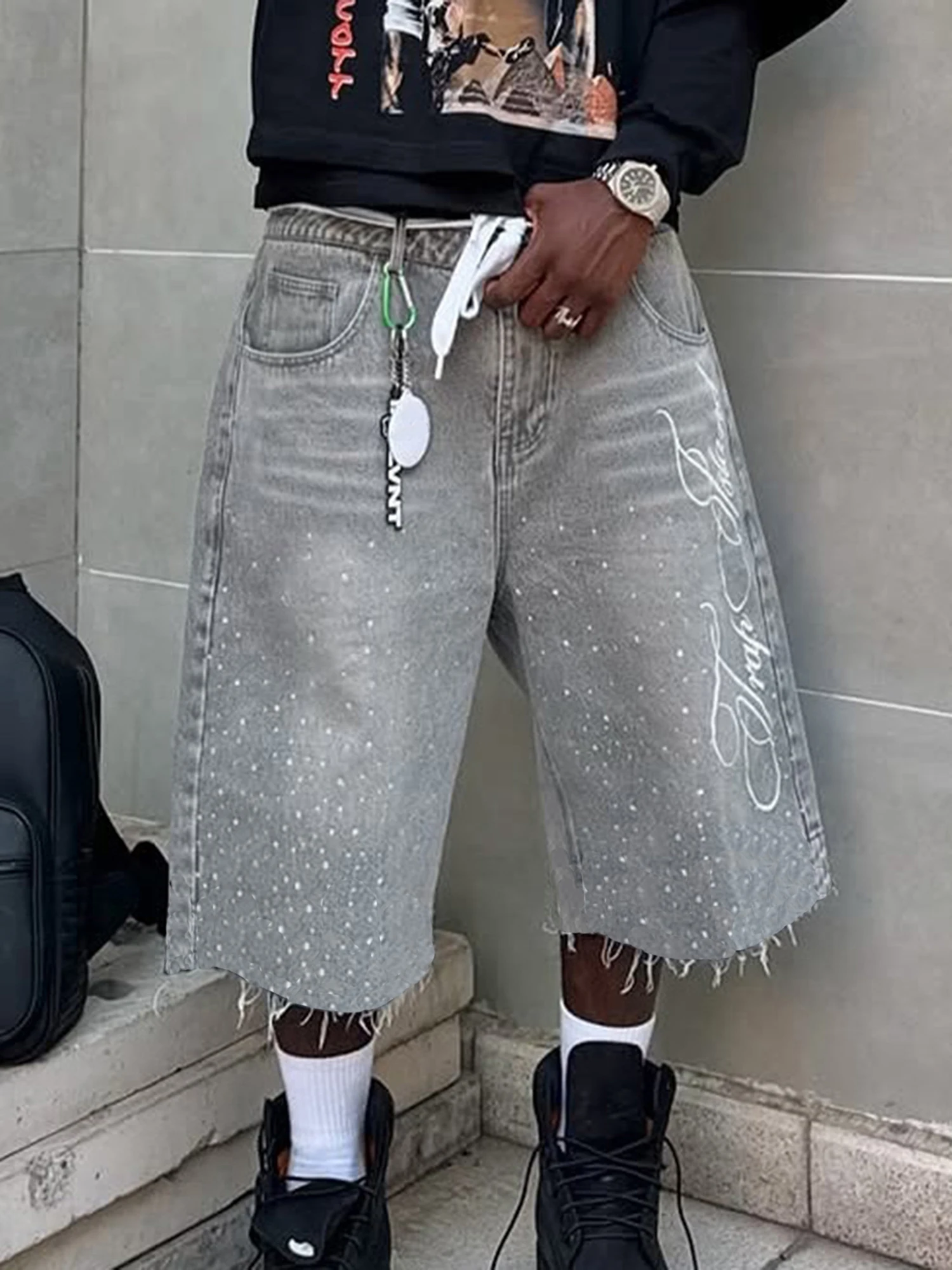 Men s Stylish Knee-Length Denim Shorts with Embroidered Logo and Rhinestone Detailing for Summer Casual Wear