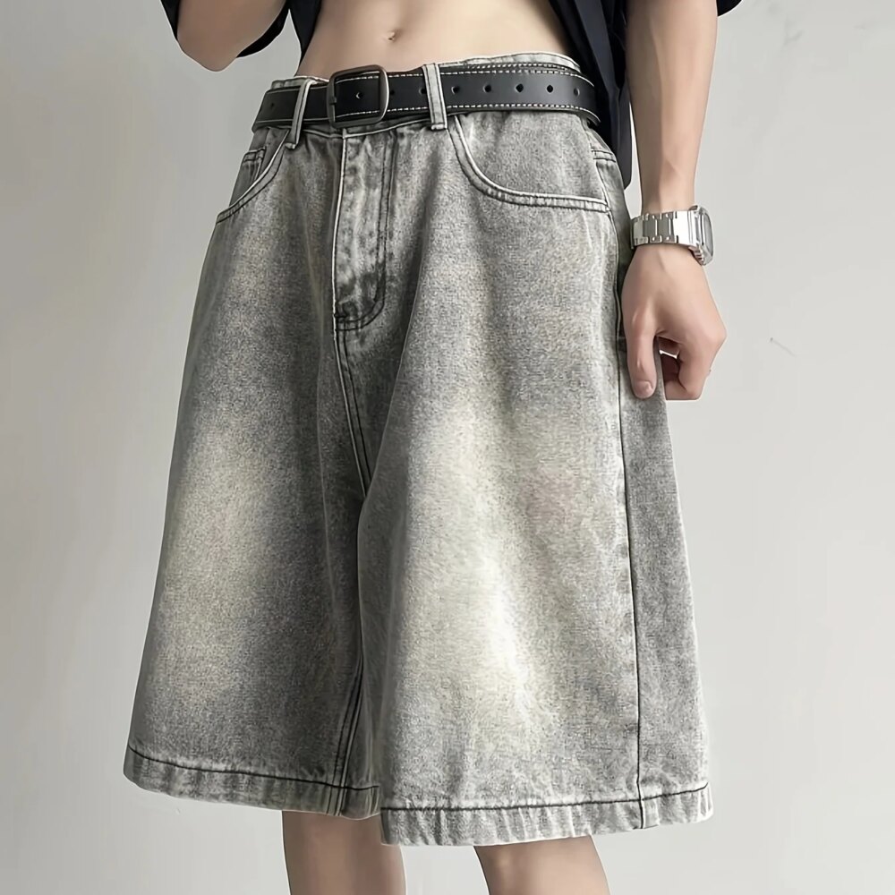 Vintage Washed High-End Denim Shorts for Men, Summer American Style Trendy Brand, Slim Straight-Leg Knee-Length Shorts, Retro Mid-Length Pants, Popular Unisex Style