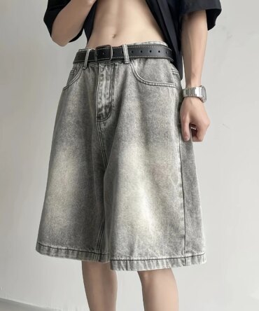 Vintage Washed High-End Denim Shorts for Men, Summer American Style Trendy Brand, Slim Straight-Leg Knee-Length Shorts, Retro Mid-Length Pants, Popular Unisex Style