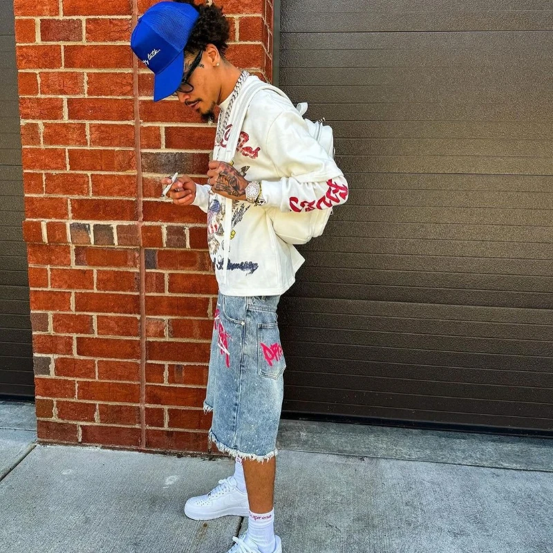 Y2K Graffiti Jorts Rhinestone Distressed Printed Denim Shorts Men Women Trend Retro Hip Hop Streetwear Unisex Baggy Short Pants - Image 5