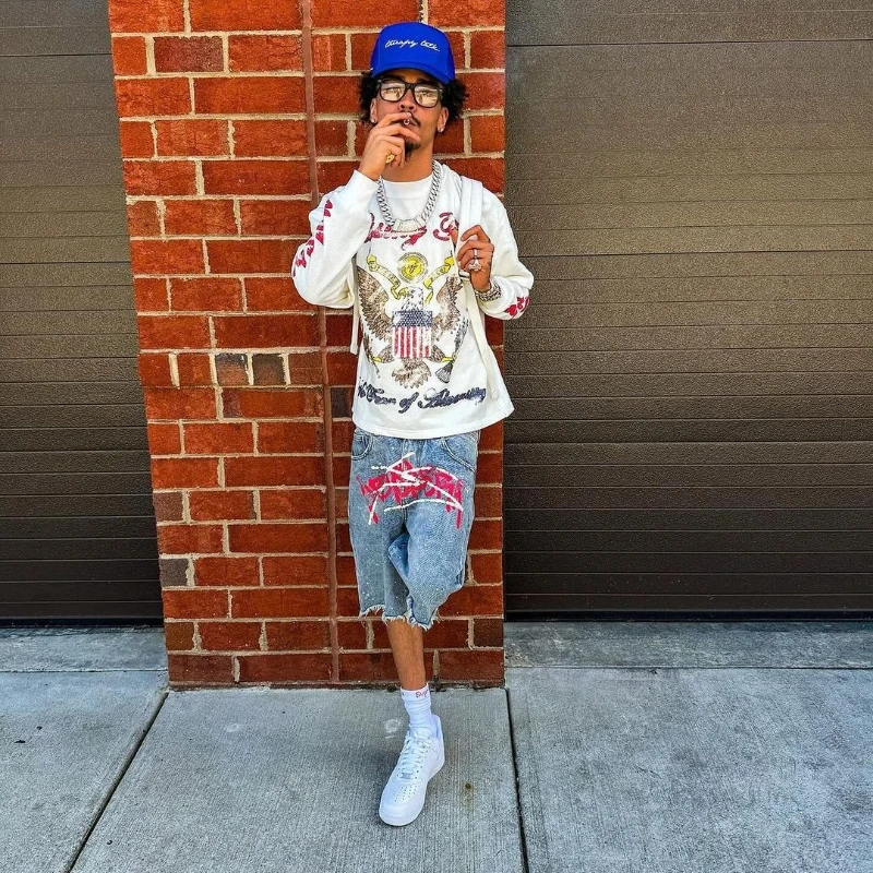 Y2K Graffiti Jorts Rhinestone Distressed Printed Denim Shorts Men Women Trend Retro Hip Hop Streetwear Unisex Baggy Short Pants - Image 4