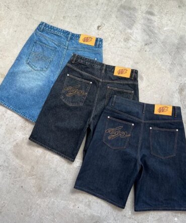 Y2K baggy denim shorts retro embroidered letter striped graphic zipper shorts men women clothing trendy hip hop streetwear