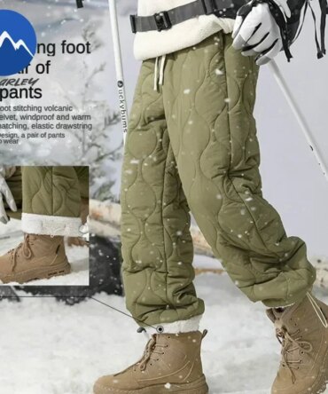 Winter Down Pants Mens Trendy Ski Waterproof Thick Fleece Warm Straight Cotton Trousers Womens Casual Cold-proof Padded Pants