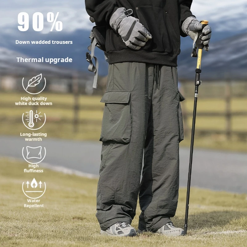 HANLU 2024 New Down Pants For Men Winter Thick Warm Casual Cargo Pants Outdoor Waterproof Hike Mountaineering Pants