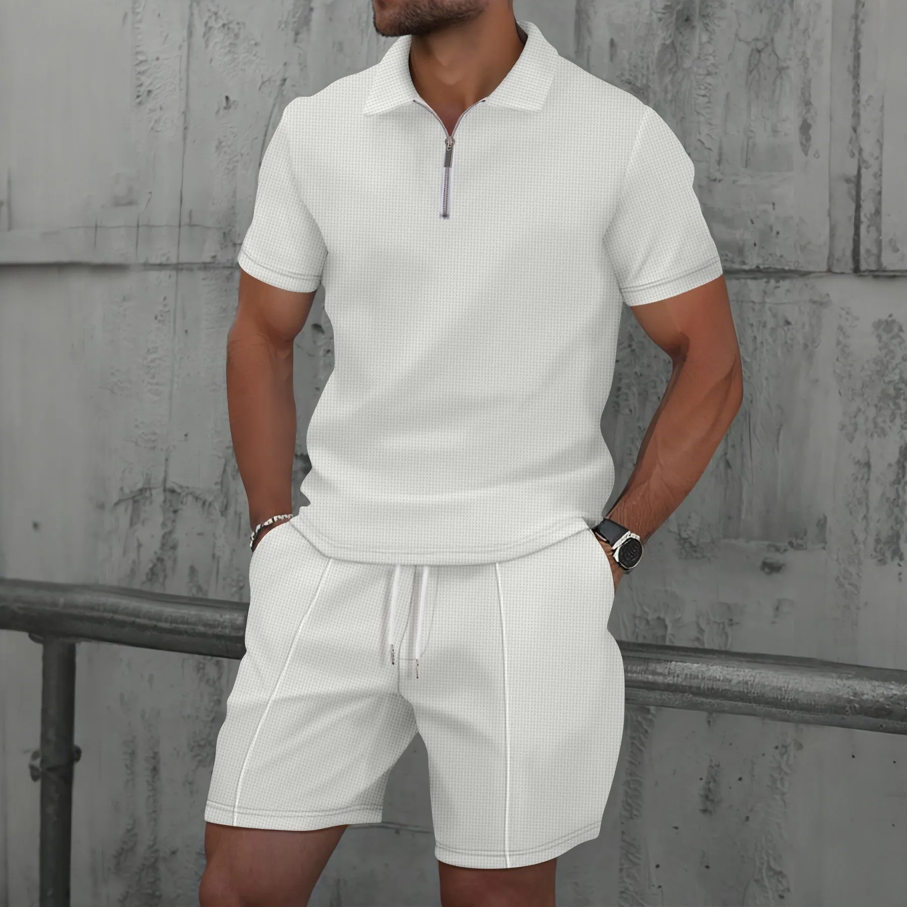 2025 Men Europe and the United States new summer Waffle solid color zip-up lapel short-sleeve suit shorts two sets - Image 4