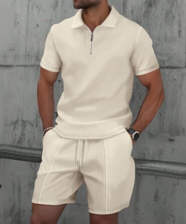 2025 Men Europe and the United States new summer Waffle solid color zip-up lapel short-sleeve suit shorts two sets