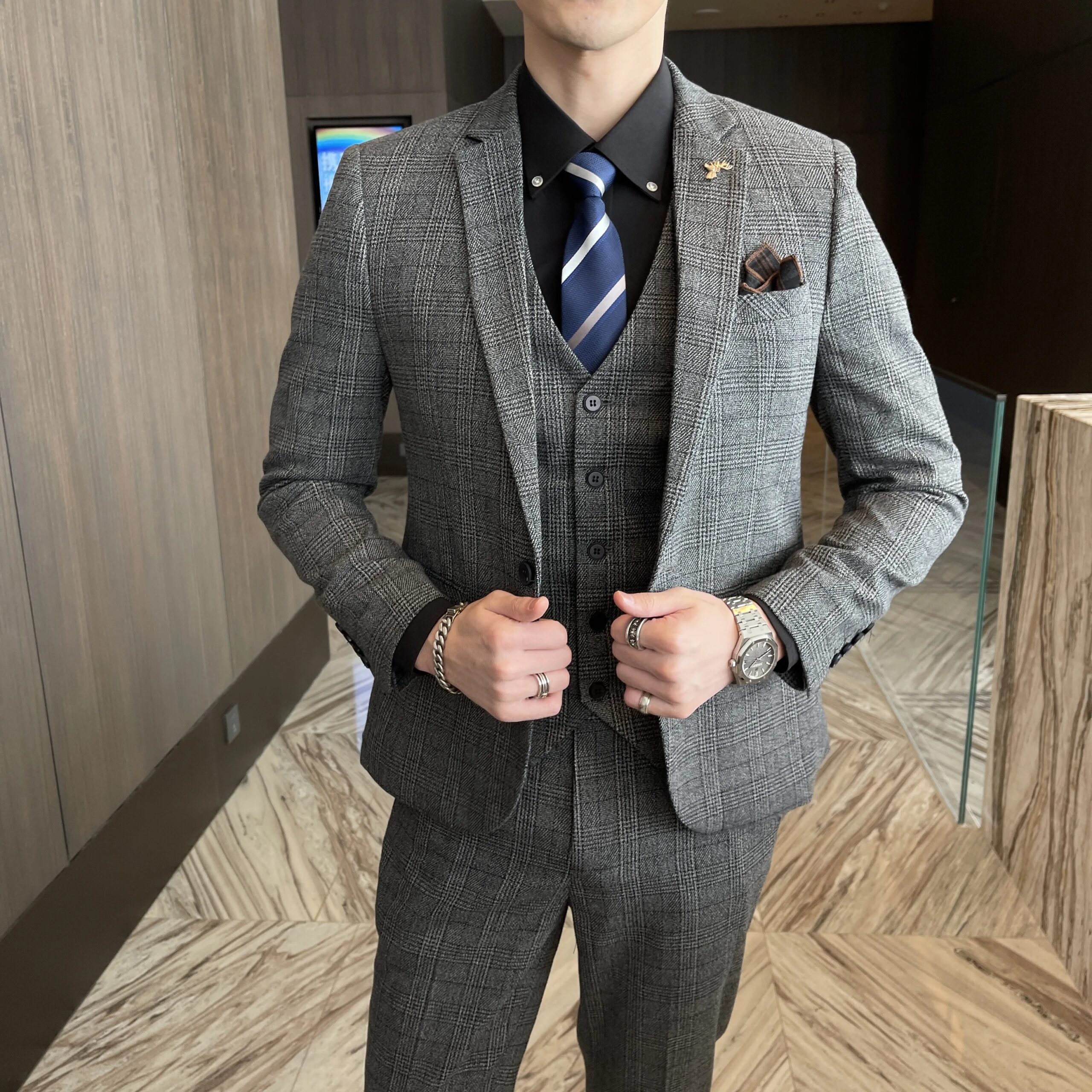 British Korean Style High Quality Modified Plaid Three-Piece Suit for Men - Stylish Business Casual Suit Vest And Trousers Set - Image 4