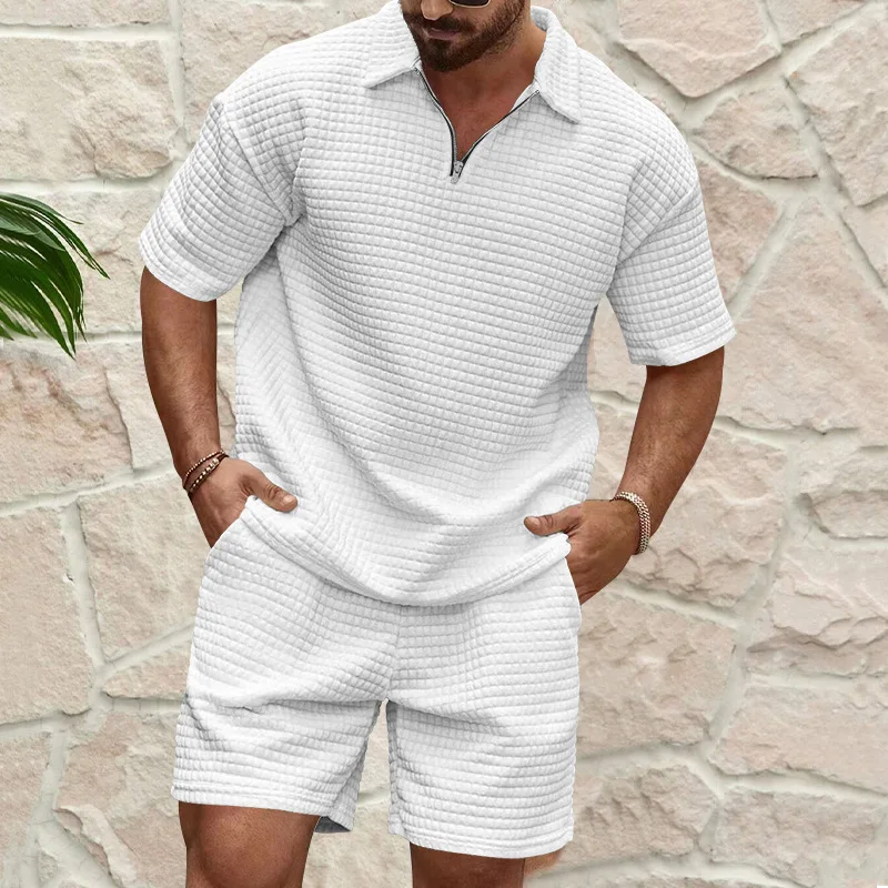 2024European and American Men's Spring and Summer Trends Youth Outdoor Lapel Small Plaid Short Sleeve Shorts Sports Suit - Image 6