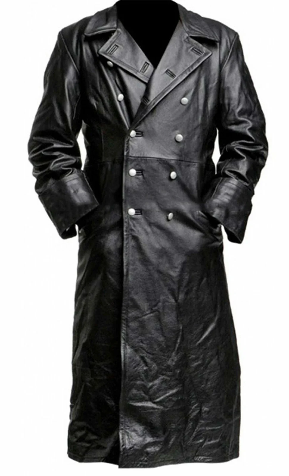 MEN'S GERMAN CLASSIC WW2 MILITARY UNIFORM OFFICER BLACK LEATHER TRENCH COAT - Image 2