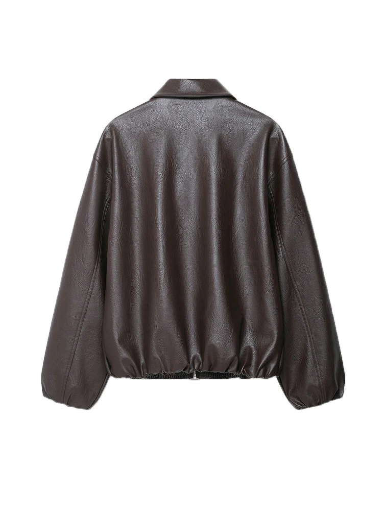 Women's Faux Leather Bomber Jacket Long Sleeve Chic Outerwear Elastic Hem Female Fashion Top - Image 3