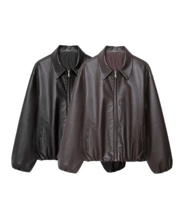 Women's Faux Leather Bomber Jacket Long Sleeve Chic Outerwear Elastic Hem Female Fashion Top