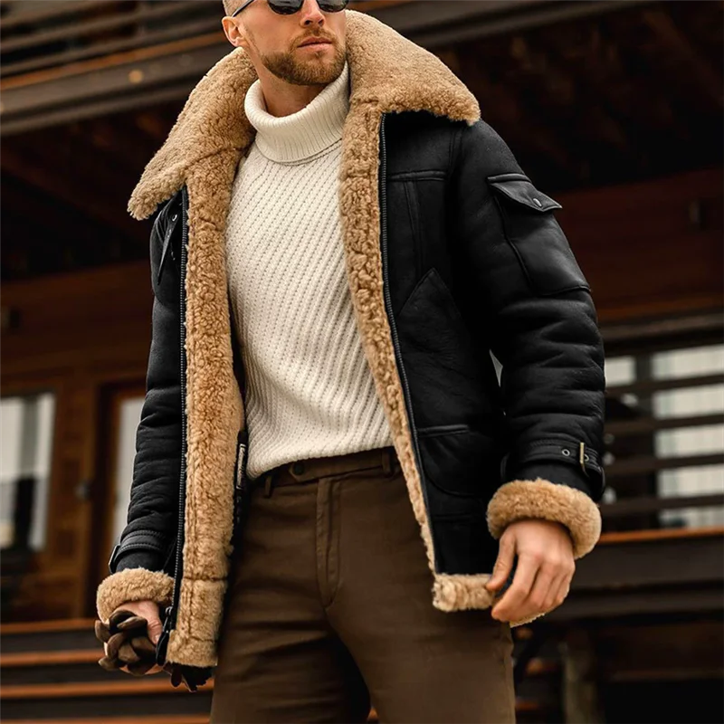 Winter Faux Leather Jackets Men Fleece Turn Down Collar Motorcycle Coat Solid Male Warm Thick Windproof Zipper Casual Outwear - Image 4