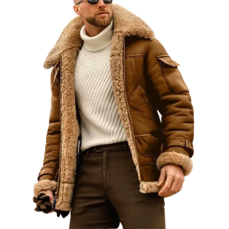 Winter Faux Leather Jackets Men Fleece Turn Down Collar Motorcycle Coat Solid Male Warm Thick Windproof Zipper Casual Outwear - Image 5