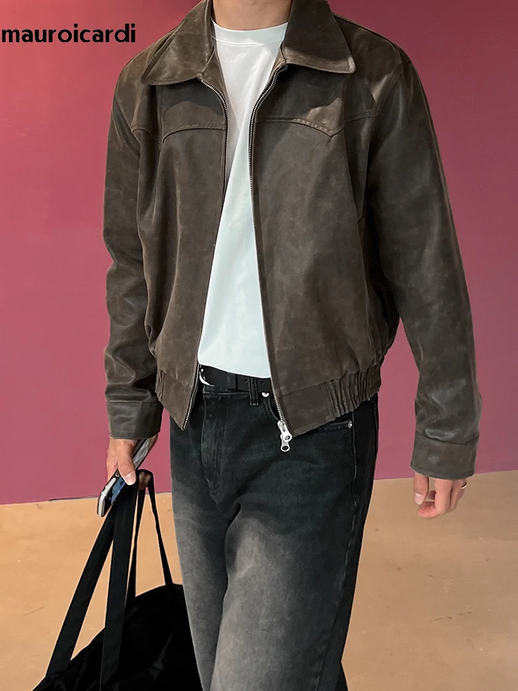Mauroicardi Spring Autumn Vintage Lightweight Distressed Washed Brown Pu Leather Jacket Men Zipper Casual Korean Fashion Clothes - Image 3