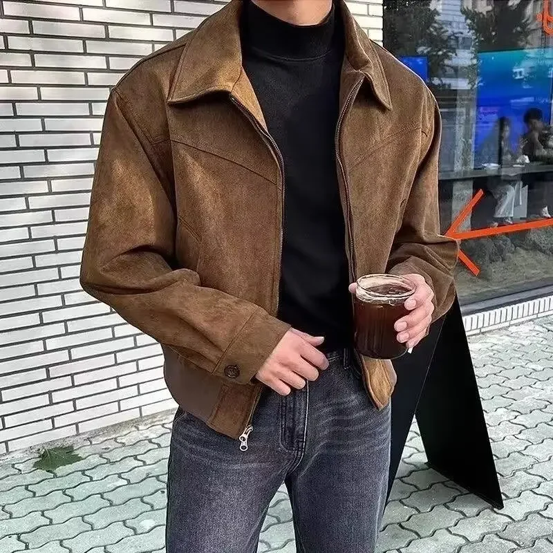 Versatile Vintage American Style Chamois Leather Jacket For Men Brown Coffee Maillard Matching Cropped Lapel Autumn Winter Seaso - Image 3