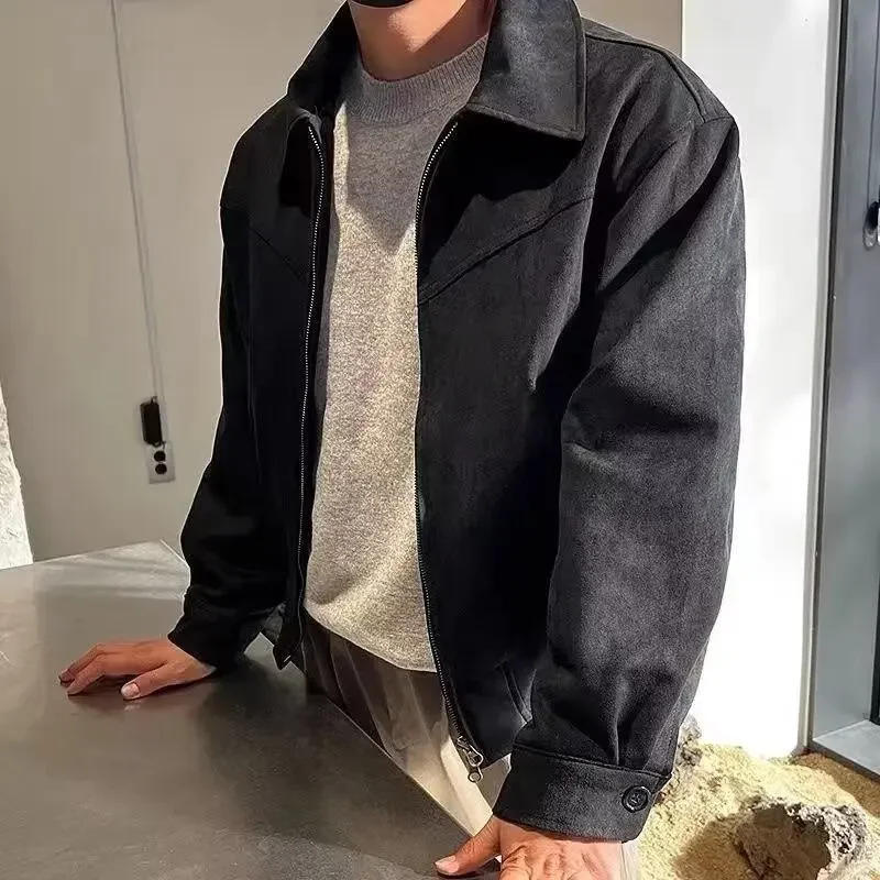 Versatile Vintage American Style Chamois Leather Jacket For Men Brown Coffee Maillard Matching Cropped Lapel Autumn Winter Seaso - Image 4