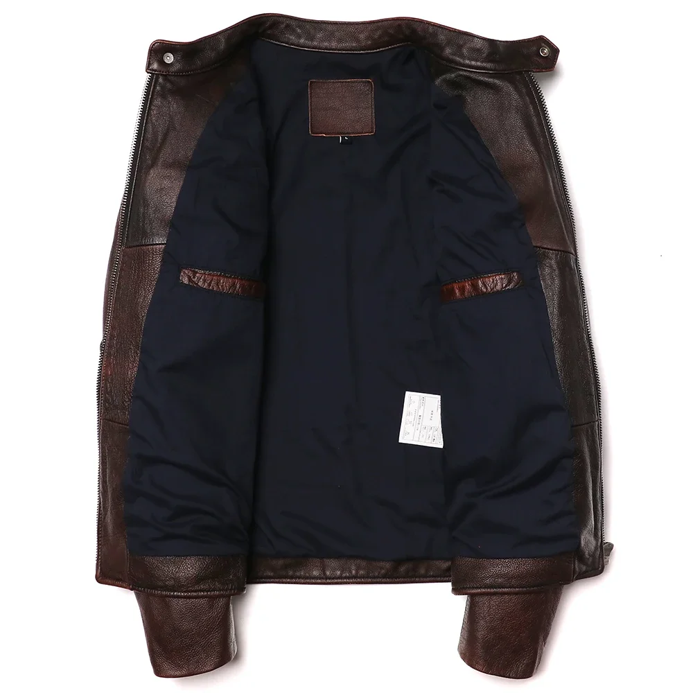 2025 Vintage Brown Genuine Leather Jacket Real Natural Cowhide Men Motorcycle Biker Coat Mens Slim Calf Skin Coat - Image 5