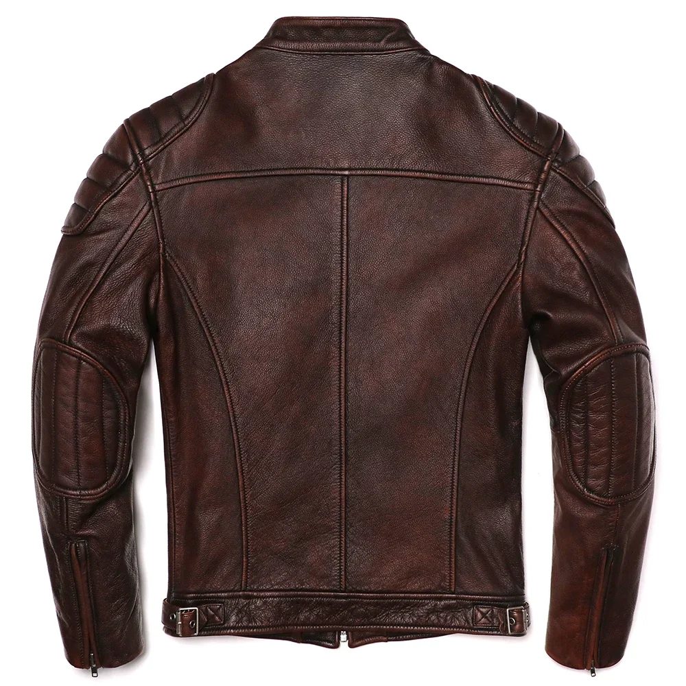 2025 Vintage Brown Genuine Leather Jacket Real Natural Cowhide Men Motorcycle Biker Coat Mens Slim Calf Skin Coat - Image 4