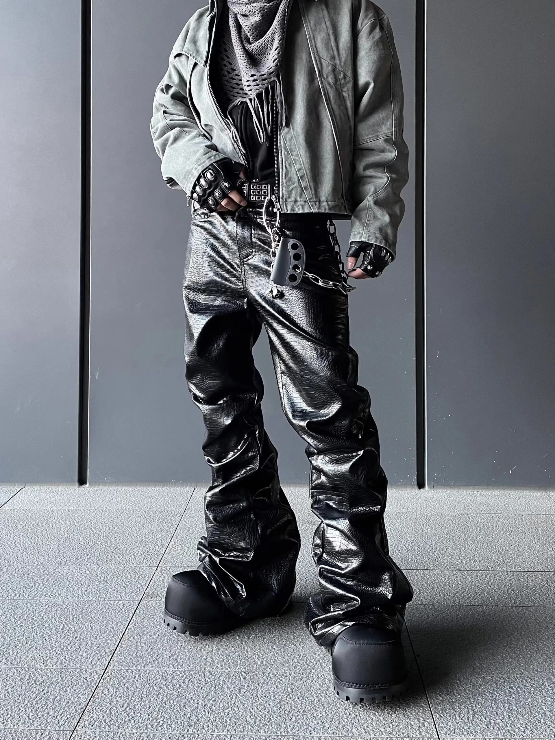 Mauroicardi Spring Autumn Cool Handsome Long Black Crocodile Print Pu Leather Pants for Men Luxury Designer Floor Length Clothes - Image 2