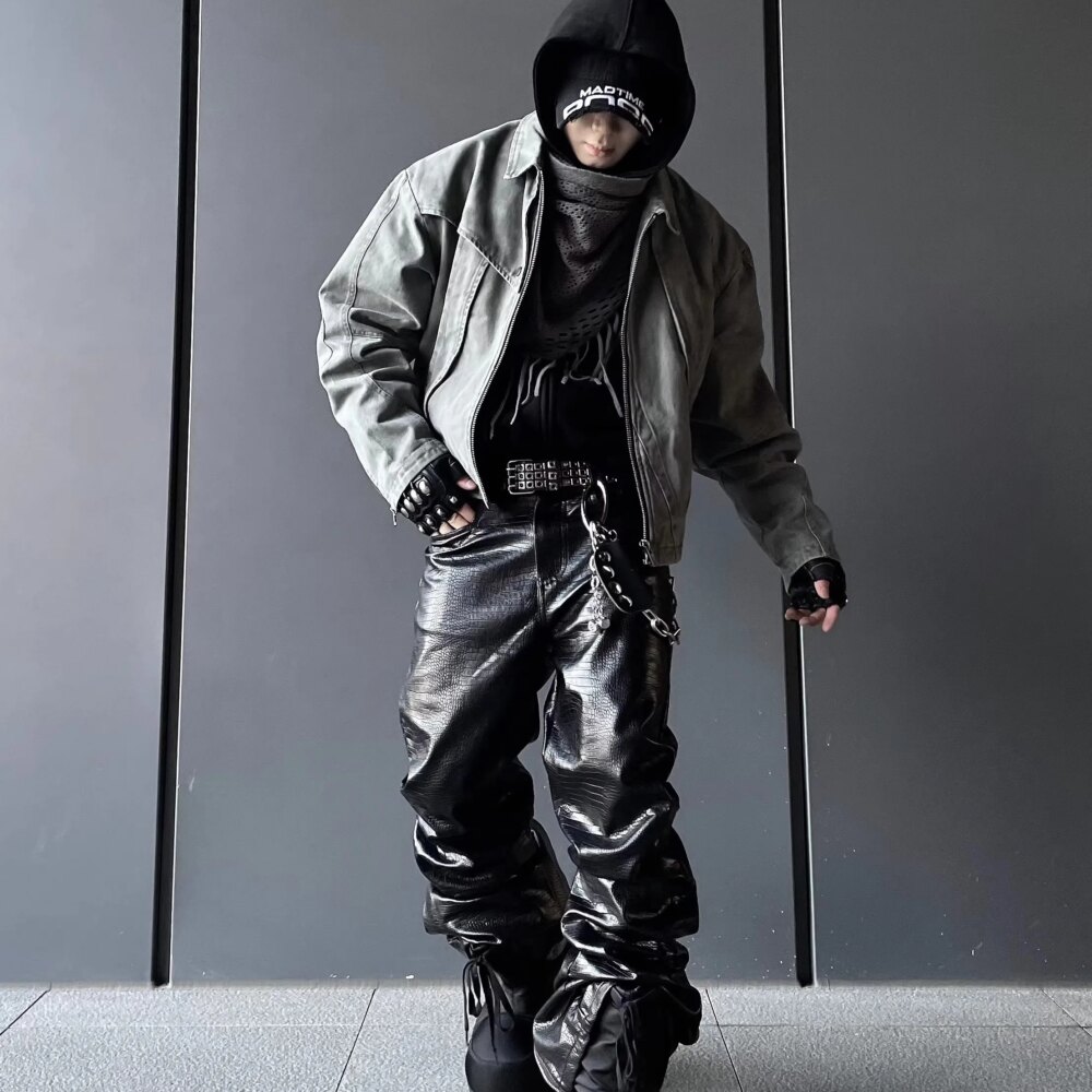 Mauroicardi Spring Autumn Cool Handsome Long Black Crocodile Print Pu Leather Pants for Men Luxury Designer Floor Length Clothes