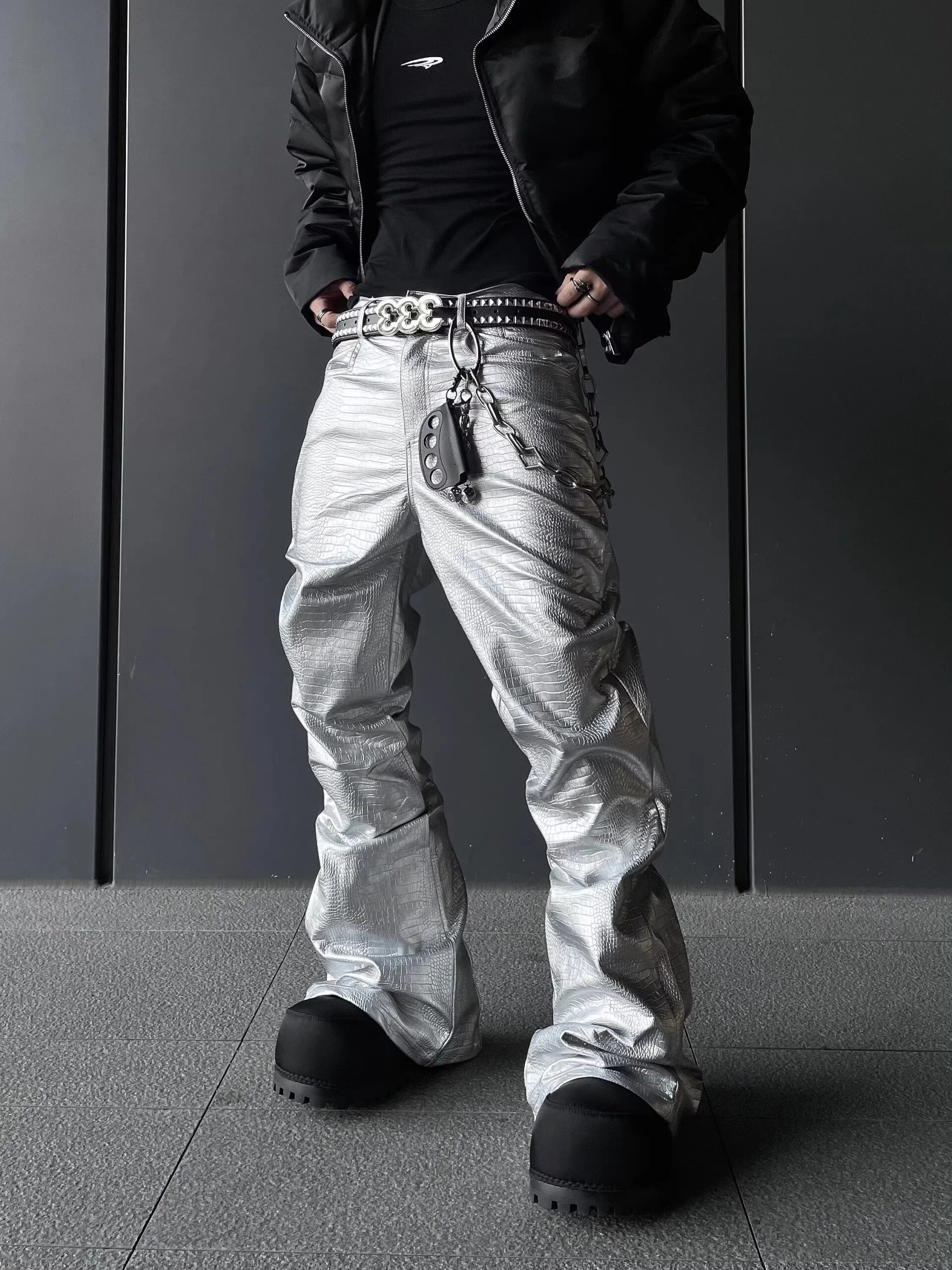 Mauroicardi Spring Autumn Cool Handsome Long Black Crocodile Print Pu Leather Pants for Men Luxury Designer Floor Length Clothes - Image 3