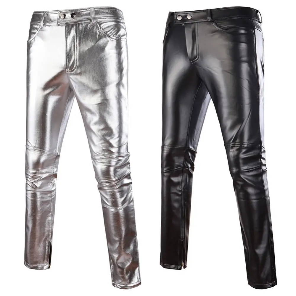 Black Casual Trouser Mens Skinny Shiny Gold Silver PU Leather Motorcycle Nightclub Stage Skinny Pants for Singers Dancers - Image 3
