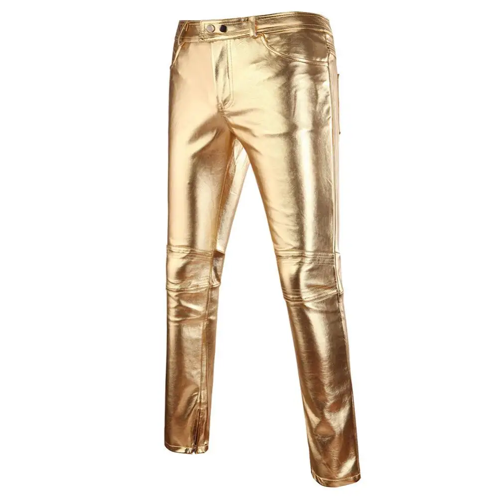 Black Casual Trouser Mens Skinny Shiny Gold Silver PU Leather Motorcycle Nightclub Stage Skinny Pants for Singers Dancers - Image 4