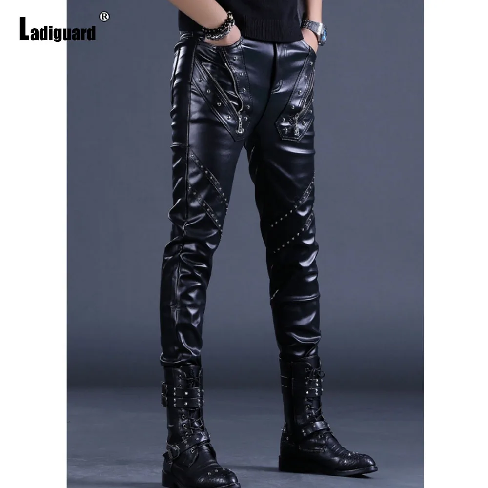 Men Fashion Rock Style PU Leather Pants Night Club Dance Pants Men's Rivets Zipper Faux Leather Slim Motorcycle Trouser New - Image 4