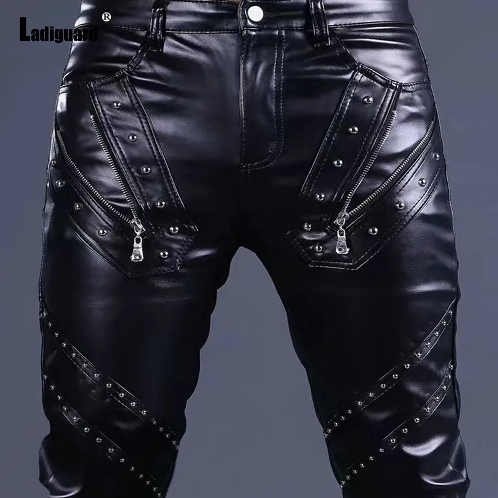 Men Fashion Rock Style PU Leather Pants Night Club Dance Pants Men's Rivets Zipper Faux Leather Slim Motorcycle Trouser New
