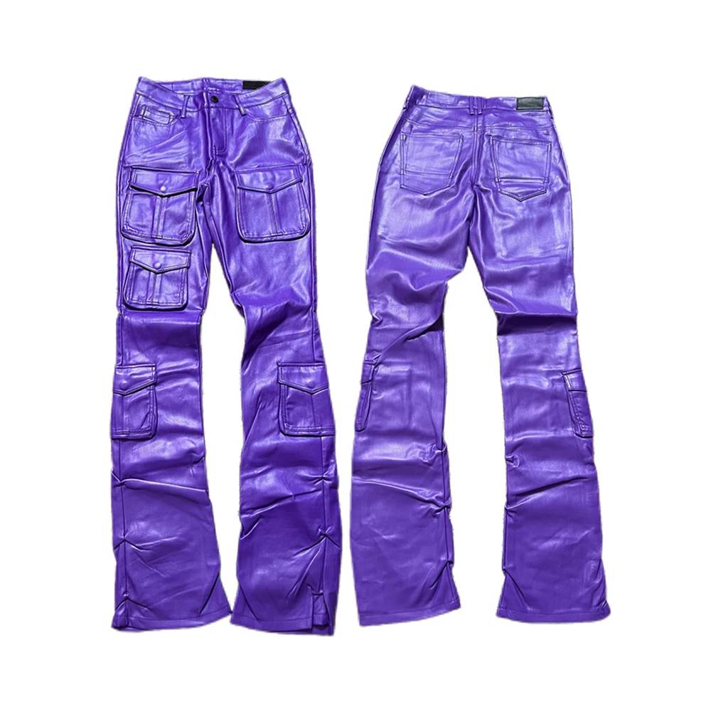 Mauroicardi Spring Long Fitted Stretchy Soft Purple Pu Leather Cargo Pants Men Many Pockets Luxury Designer Clothes Streetwear