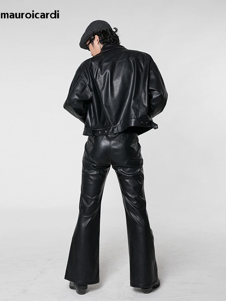 Mauroicardi Spring Autumn Cool Long Black Soft Pu Leather Flare Pants for Men High Waist American Retro Hippie Clothes 20023 - Image 3